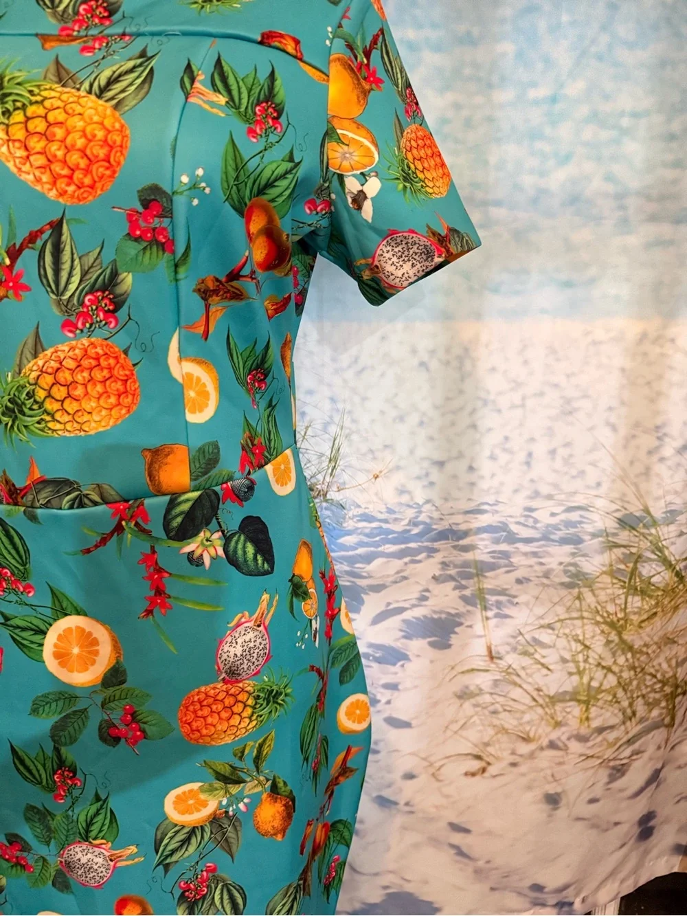 New York & Company Turquoise Pineapple & Citrus Print Midi Dress